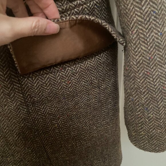 Classic Brown Tweed  Leather Lapel Double-Breasted Blazer Jacket Coat - Picture 3 of 7